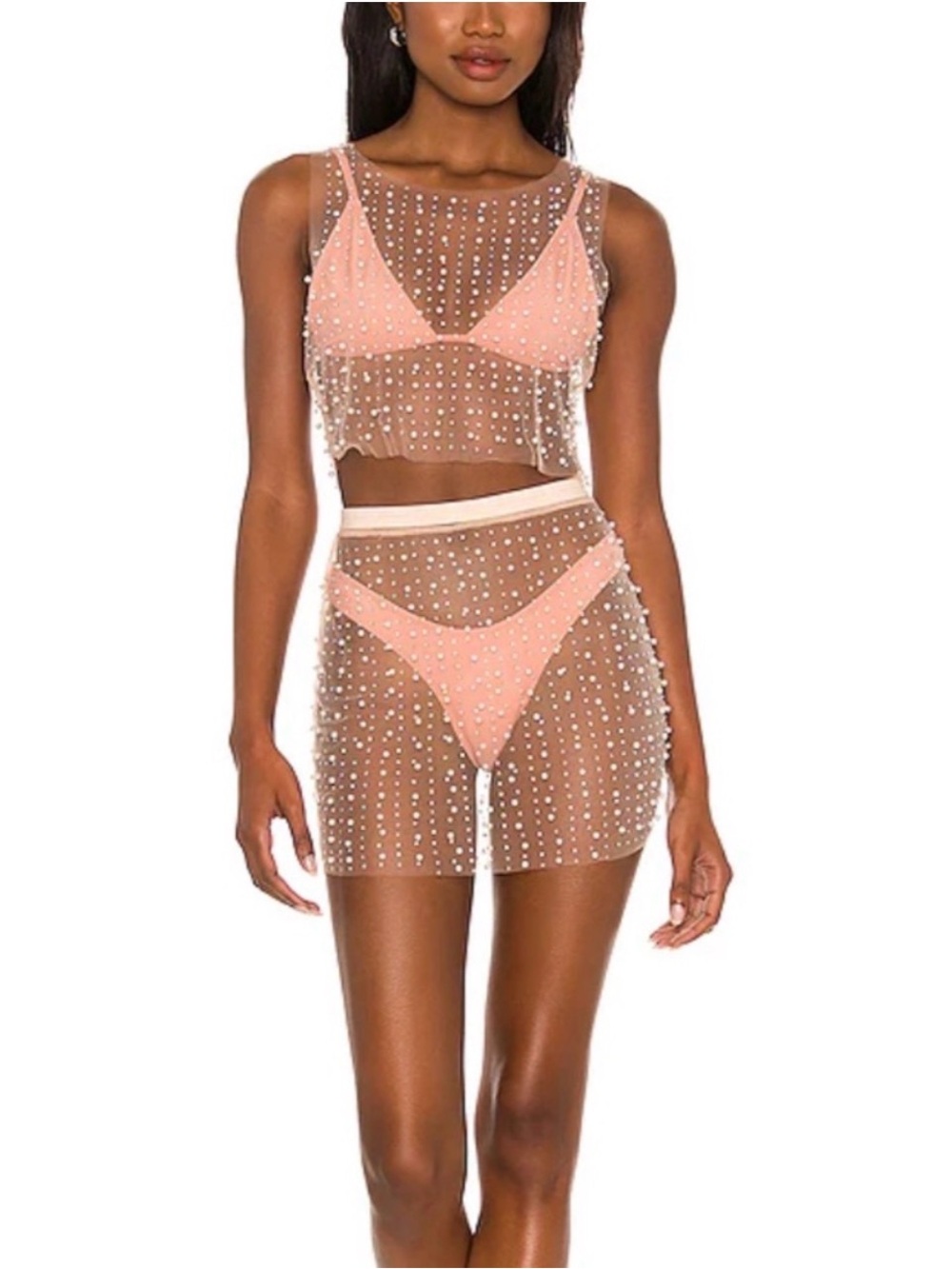 Beach Bunny Glitzy Girl Pearl Mesh Set - Nude Rhinestone - Festival Ibiza - NWT